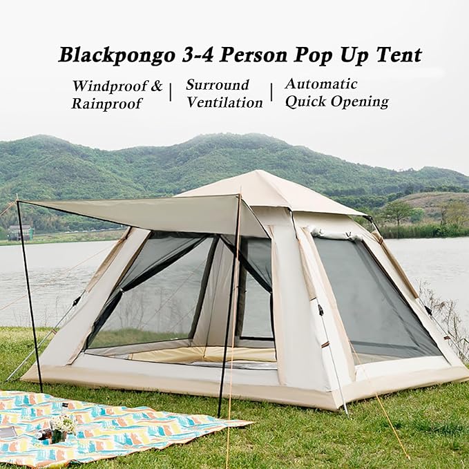 Instant Pop Up Camping Tent for 4-6 Person, 2 Mesh Windows & 2 Doors, Easy Set Up with Vestibule & Rainfly