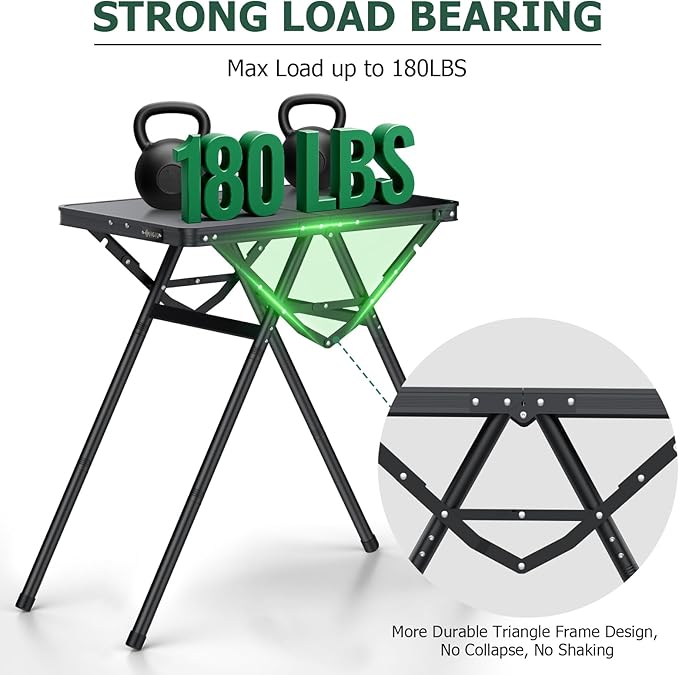 Folding Camping Table Pinic Table Height Adjustable Aluminum Alloy Foldable Table Max Weight Capacity 180lbs with Carry Handle More Stable Triangle Feet for Outdoor Indoor Hiking Camp BBQ Beach