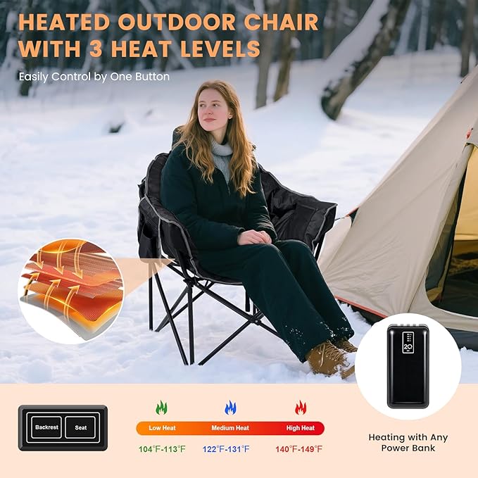 Oversized Heated Camping Chair with 20,000mAh Power Bank, Heated Chairs Outdoor Sports with 3 Heat Levels, Portable Folding Heated Outdoor Chair for Lawn Patio Lounge