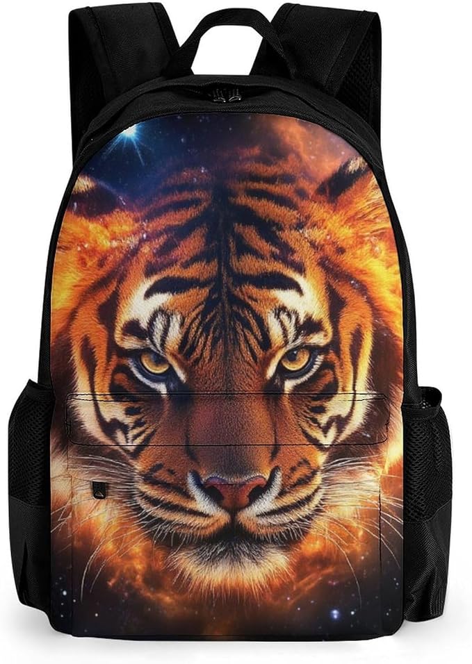 Backpack Polyester Anti-Theft Multipurpose Space Fire Flame Animal King Wild Angry Tiger Bookbag Large Capacity Laptop Book Bag Rucksack With Side Pockets