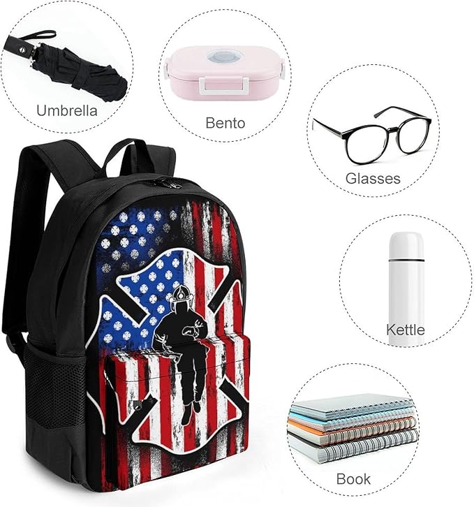 Rucksack Multipurpose Anti-Theft Big Capacity Shoulder Bag, Fireman Flag American Firefighter Travel Hiking Camping Rucksack With Side Pockets