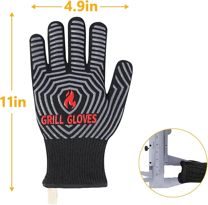 QUWIN BBQ Gloves, Oven Gloves, 1472℉ Extreme Heat Resistant,Grilling Gloves Silicone Non-Slip Oven Mitts, Kitchen Gloves for BBQ, Grilling, Cooking, Baking-1 Pair… (Black, One Size Fits Most)