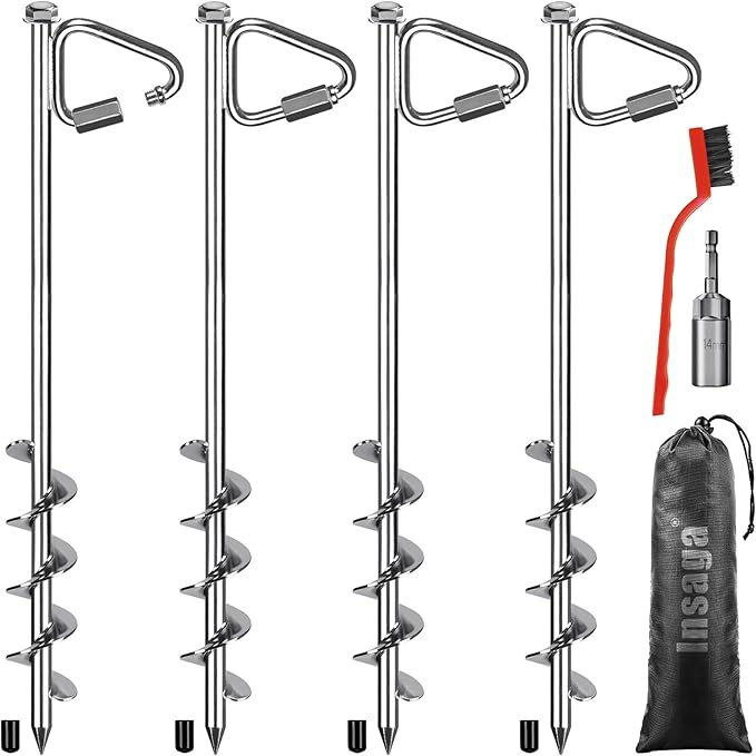 14" Ground Anchors with Chrome-Plated, Heavy-Duty for Trampolines, Tents, Mobile Homes, Swing Sets, Carports and Sheds with Reinforced Triangular Bracket for High Wind Resistance (4 Pack)