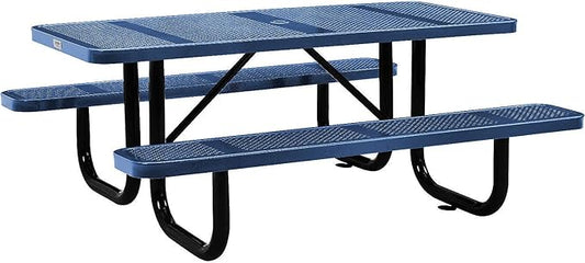Global Industrial 72" Rectangular Picnic Table, Perforated Metal, Thermoplastic Coating, Attached Benches, 1-1/2” Umbrella Pole Hole, Outdoor-Rated, 1000 lbs Capacity, Blue