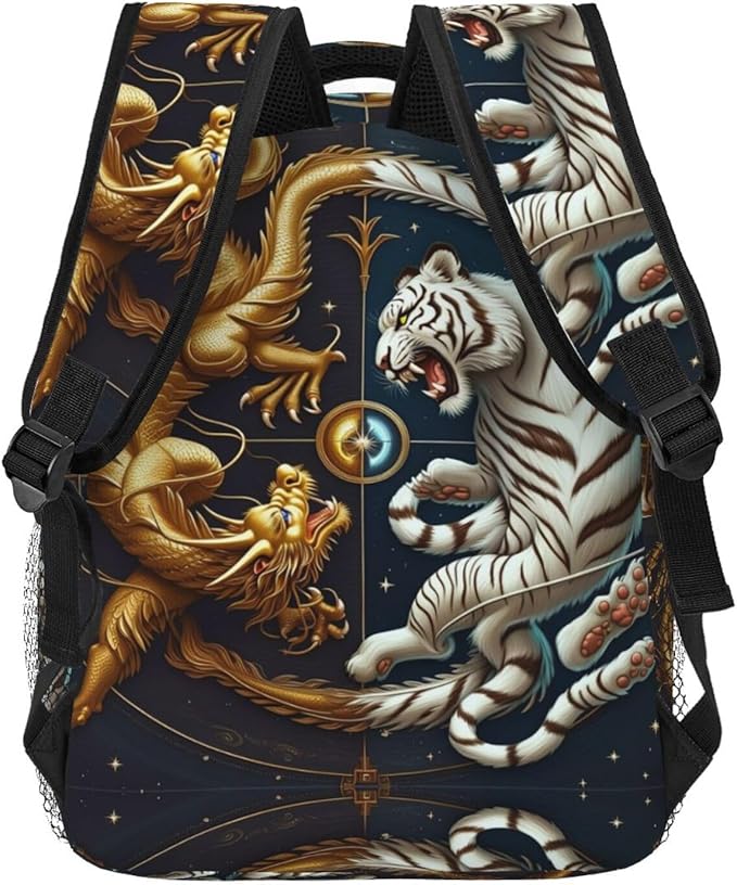 Daypack Backpack Multipurpose Anti-Theft Large Capacity Bookbag, Yin Yang Gold Dragon White Tiger Art Travel Hiking Camping Rucksack With Adjustable Shoulder Straps