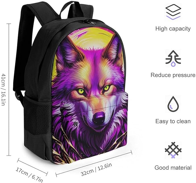 Supdreamc Lightweight Rucksacks for Climbing Outdoors Walking Cycling, Large Capacity Anti-Theft Multipurpose Carry On Bag, Cool Red And Yellow Light Wolf Art Camping Outdoor Backpack