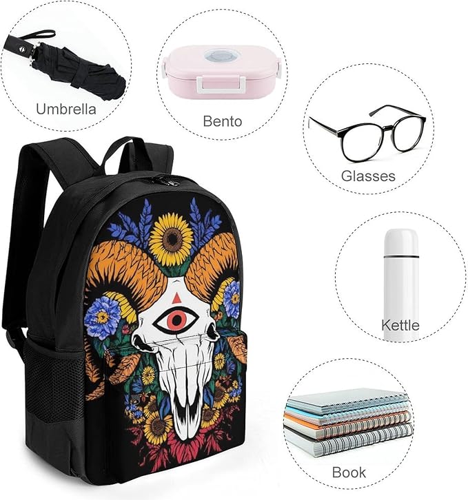 Shoulder Book Bags Anti-Theft Multipurpose Big Capacity Bookbag, Sunflower Goat Skull Art Travel Hiking Backpack With Smooth Zippers