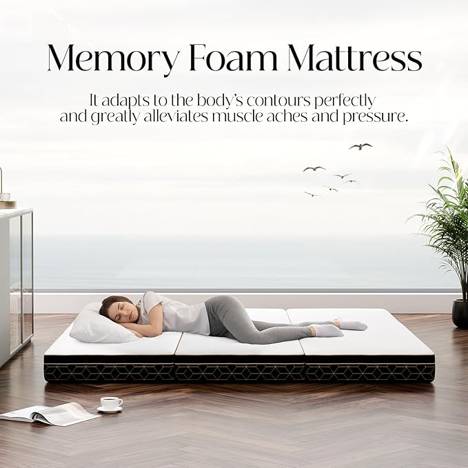 Tri-Fold Memory Foam Mattress Queen - 6 Inch Portable Folding Mattress with Handle & Washable Cover, Floor Bed with Non-Slip Base, Space-Saving for Room, Travel, Guest Bed, RV, 78"x58"x6"