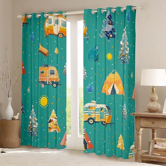 Feelyou Green RV Camping Camper Curtains for Bedroom Living Room Adventure Camper Blackout Shades Happy Camping Room Darkening Curtain Window Treatments, 2 Panels 52 x 90 Inch Decor