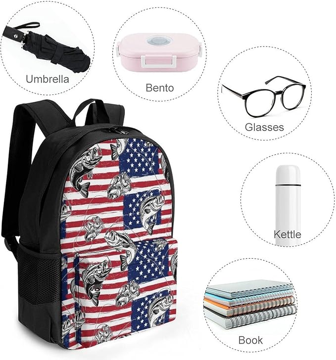 Backpack Anti-Theft Multipurpose Large Capacity Carry On Bag, Bass Fish Fishing Lure American Flag Camping Outdoor Backpack With Side Pockets