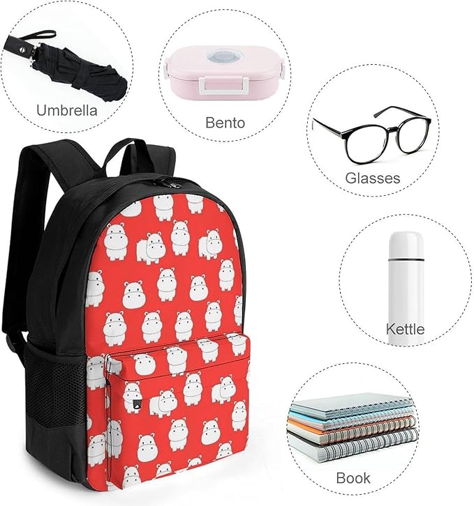 Daypack Backpack Polyester Anti-Theft Multipurpose White Hippo Pink Bookbag Big Capacity Travel Hiking Camping Rucksack With Smooth Zippers
