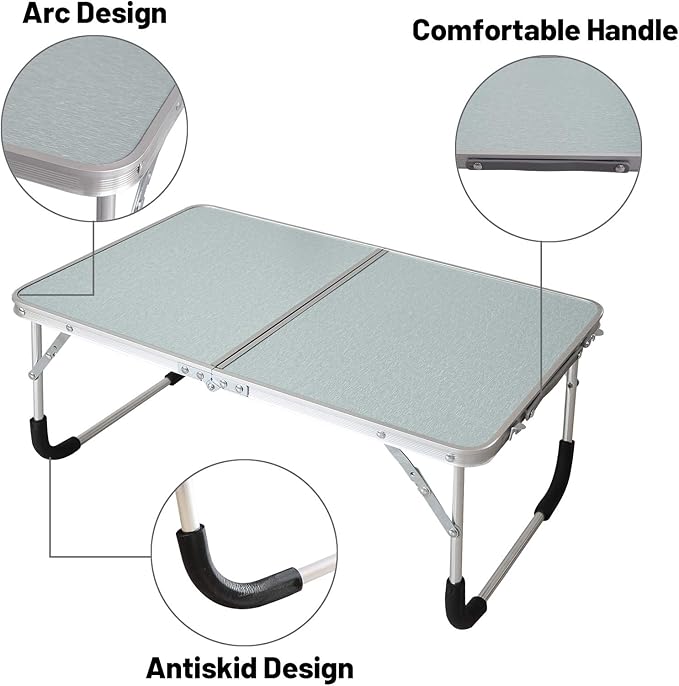 Foldable Laptop Table, Bed Desk, Breakfast Serving Bed Tray, Portable Mini Picnic Table & Ultra Lightweight, Folds in Half with Inner Storage Space (Silvery)