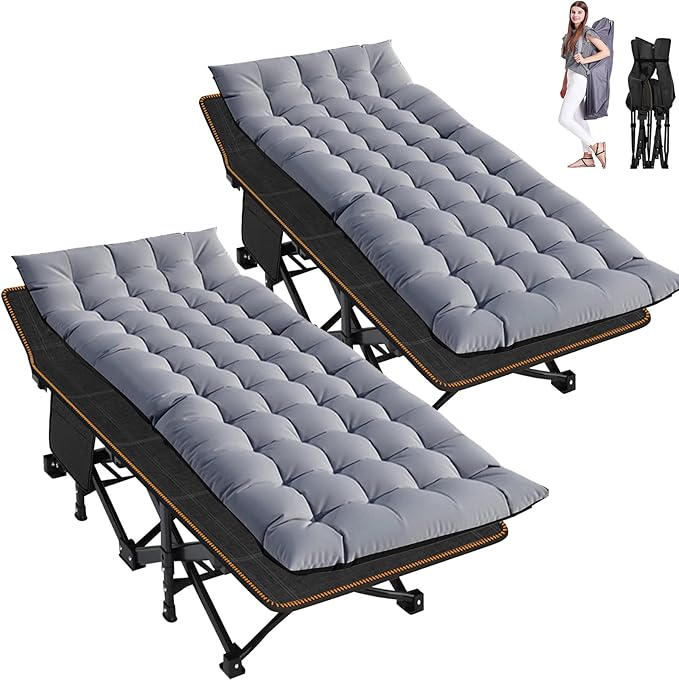 ABORON 2 Pack Folding Camping Cot W/Mat for Adults, Heavy Duty Outdoor Bed with Carry Bag,1200 D Layer Oxford Travel Camp Cots
