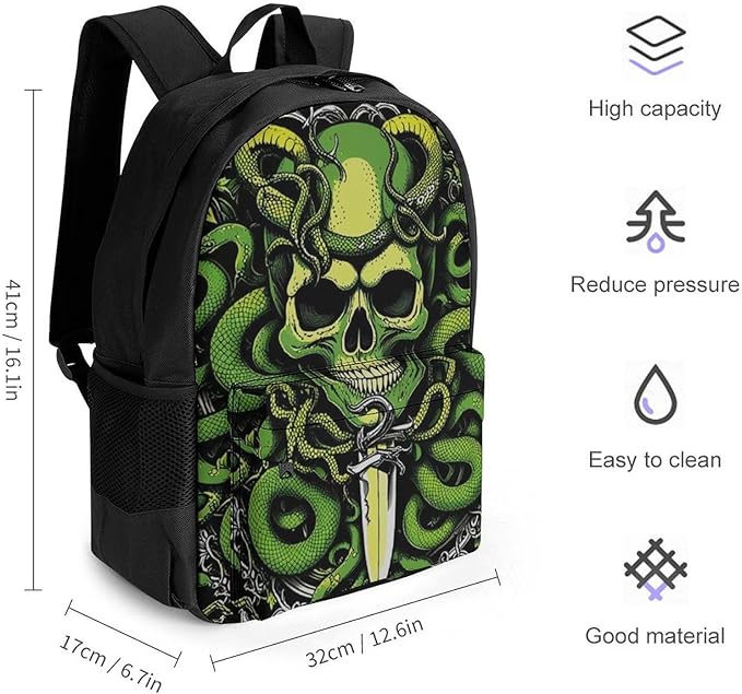 Supdreamc Men Women Lightweight Medusa Skull Green Snake Art Daypack Bookbag Big Capacity Carry On Bag With Side Pockets for Camping Travel Bicycle