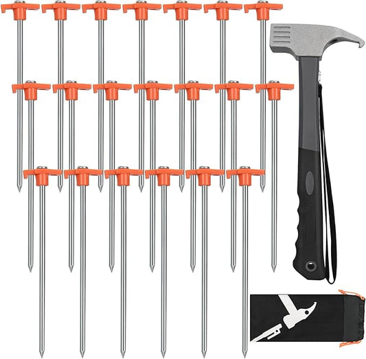20 Pack 10in Heavy Duty Tent Stakes and Hammer Set, with Storage Pouch, for Outdoor Camping Tent, Tarp, Canopy, Picnic, Shade