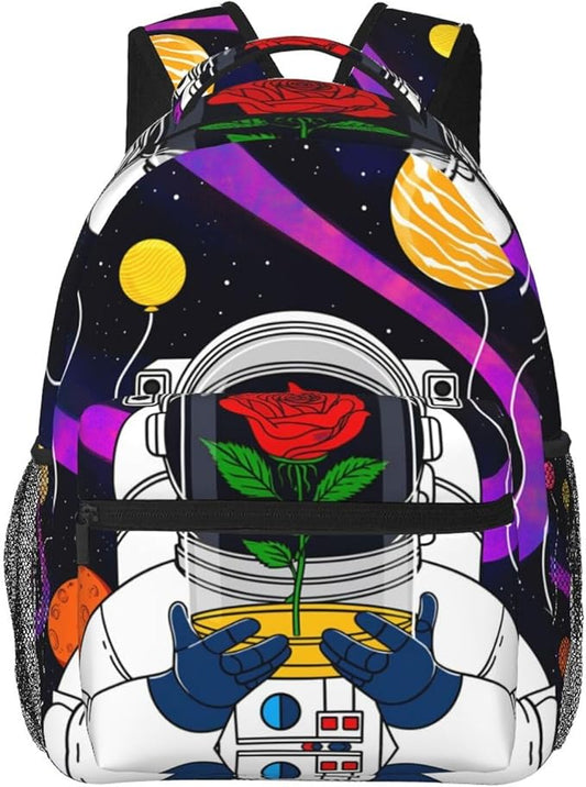 Daypack Bookbag Multipurpose Anti-Theft Big Capacity Carry On Bag,Astronaut Starry Sky Roses Colorful Planet Art Travel Hiking Camping Rucksack With Padded Straps