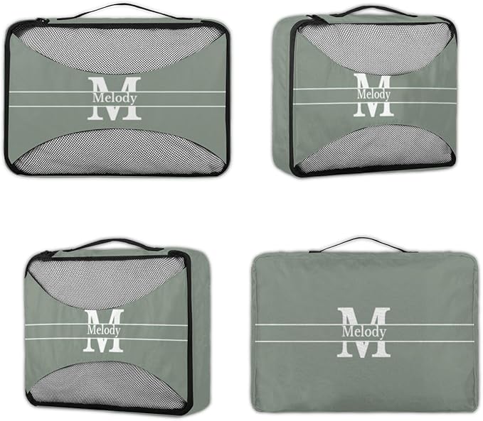Custom Packing Cubes with Name, 4Pcs/Set Travel Luggage Packing Organizers Set for Women, Dark Matcha Green Background with Initial Name