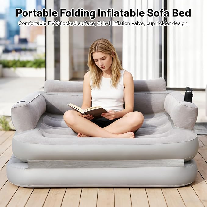 Full Size Inflatable Sofa Bed with Air Pump,2-in-1 Portable Blow-Up Air Couch,Inflatable Couch Bed and Folding Air Mattress for Home,Camping,and Guests