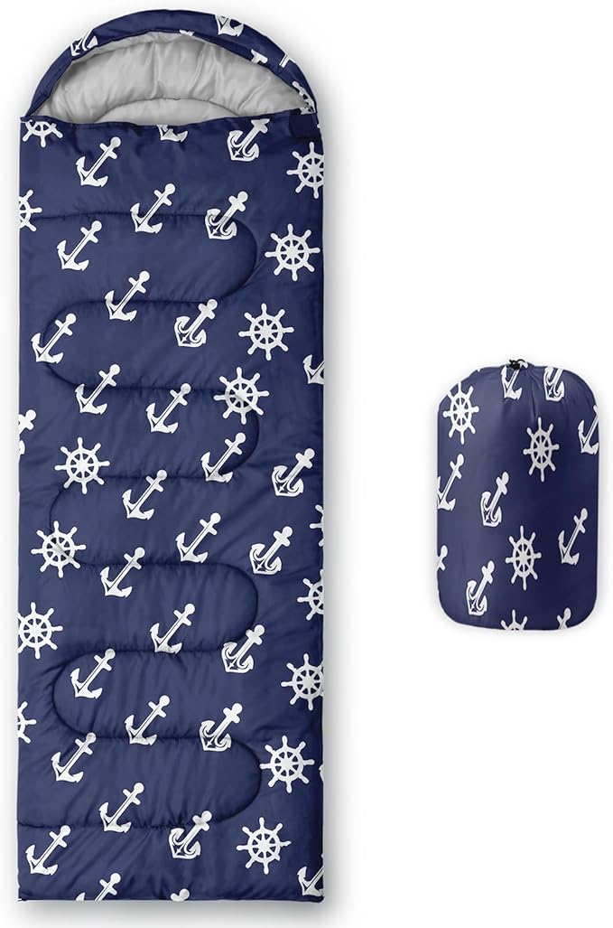AILONEN Boys Sleeping Bag for Camping,Nautical Anchor,Lightweight & Waterproof,3 Season Warm & Cool Weather,Navy Blue Sleeping Bags for Kids Men Travelling,Outdoors