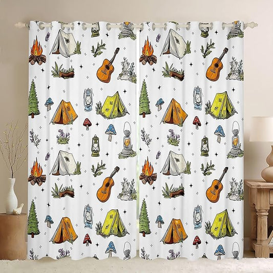 Feelyou Camping Camper Decor Curtains for Bedroom Living Room Campfire Music Guitar Blackout Darkening Drapes Happy Camping Window Treatments, 2 Panels 42 x 84 Inch Room Decor