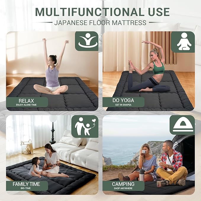 Japanese Floor Mattress Futon Mattress,3" Foldable Tatami Sleeping Pad for Adults & Kids,100% High Density Foam Comfortable Floor Mattress Queen Size 60"x 80",Ideal for Comfort and Support,Black