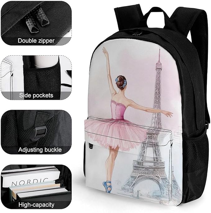 Rucksacks Lightweight Multipurpose Anti-Theft Ballet Dancer Ballerina Eiffel Tower Shoulder Bag Big Capacity Traveling Camping Backpack With Side Pockets