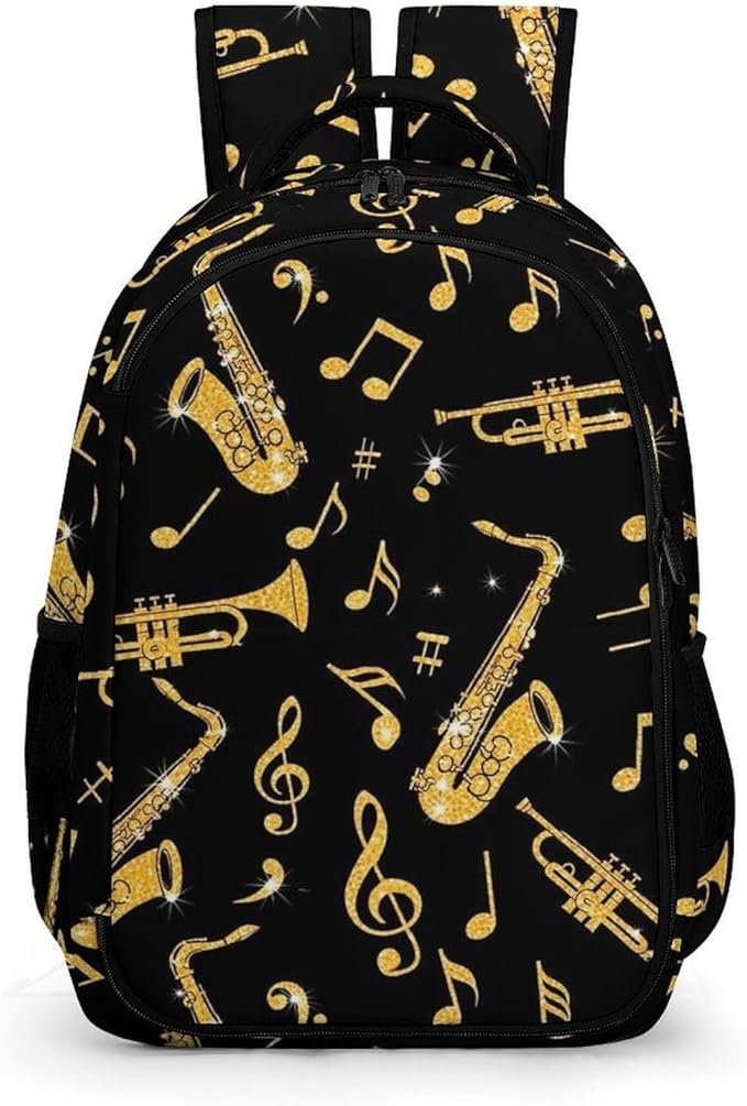 Laptop Backpack Saxophone Trumpets Music Gold Black, Sturdy Water Resistant College Bookbag with Water Bottle Pockets for Business Travel Commute
