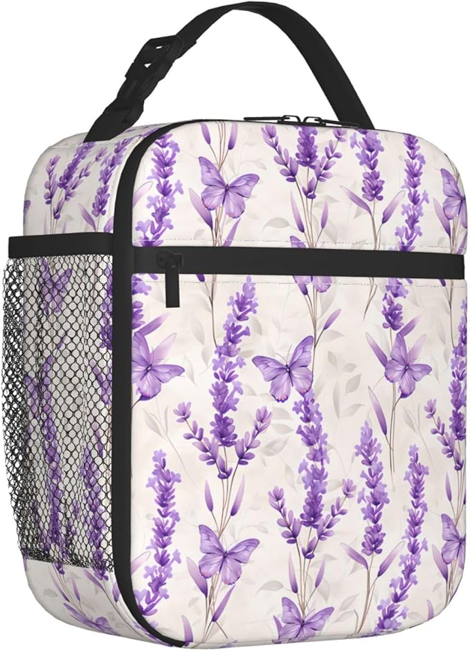 Reusable Lavender Lunch Box for Kids Girls Boys Women Adult, Insulated Floral Butterfly Lunch Bag,Polyester Cooler Flower Handbags Case for School Picnic Work Travel Beach or Hiking