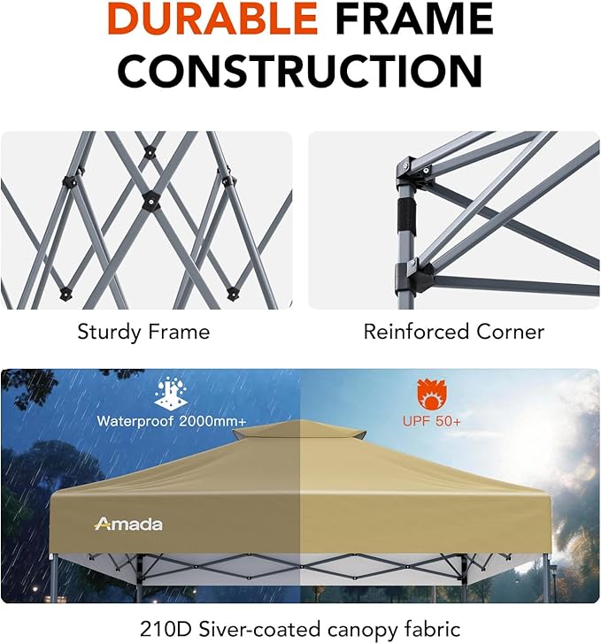 Amada 10x10 Pop Up Canopy - Center Lock One Push Instant Setup Gazebo Outdoor Canopy Beach Tent with STO-N-Go Bag 8 Stakes & 4 Sand Bags, 3-Height Adjustable Shade Shelter (10x10ft, Khaki)