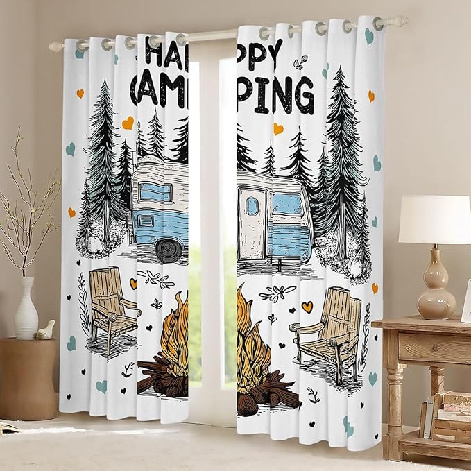Feelyou Camping Camper Rv Curtains for Bedroom Living Room Happy Camping Blackout Shades Rustic Farmhouse Room Darkening Curtain Window Treatments, 2 Panels 38 x 45 Inch Decor