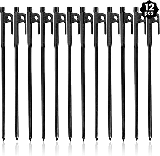 12 Pack Tent Stakes Heavy Duty, Metal Black Camping Stakes, Steel Tent Spikes, Canopy Stakes, Tent Pegs for Car Camping, Yard Decoration, Tarp, Shade Tent, Picnic