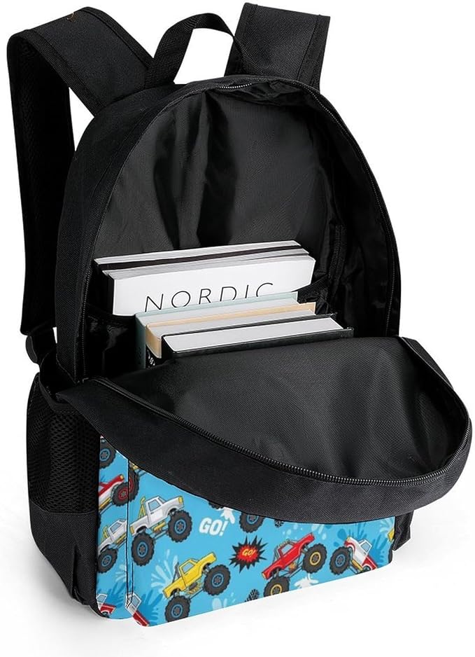 Men Women Polyester Monster Truck Cars Blue Casual Daypack Large Capacity Carry On Bag With Adjustable Shoulder Straps for Camping Work Running
