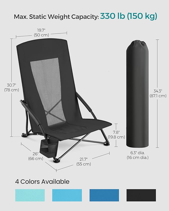 SONGMICS Set of 2 Portable Beach Chairs for Adults, Max. Load 330 lb Each, High Backrest, Cup Holder, Lightweight, Heavy-Duty, Black UGCB067B01V1