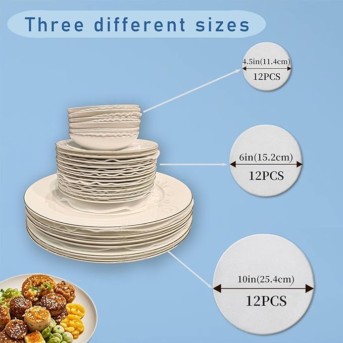 Felt Plate Dividers,36 PCS Soft Premium Felt Protectors for Porcelain Cookware Storage,Washable & Reusable Separators Pads for Stacking & Protection, 12 Each of 10/6/4.5 inch