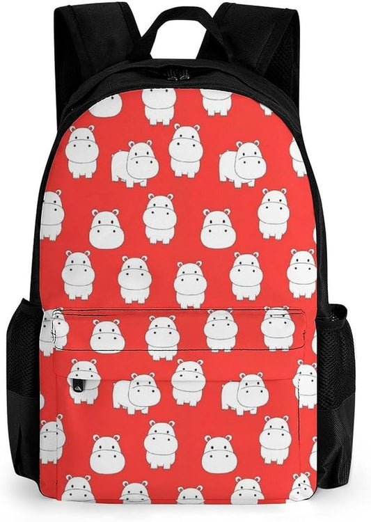 Daypack Backpack Polyester Anti-Theft Multipurpose White Hippo Pink Bookbag Big Capacity Travel Hiking Camping Rucksack With Smooth Zippers