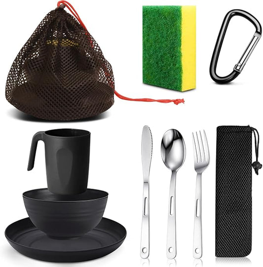 Scout Camping Mess Kit for 1 Person Boy Scout Dishes Set Girl Scout Mess Kit with Mesh Bag Reusable Light Weight Eating Utensils Plastic Camping Cutlery Set for Travel Camp
