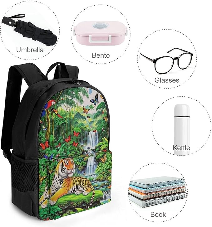 Daypack Backpack Multipurpose Anti-Theft Large Capacity Bookbag, King Of The Tiger Tropical Rainforest Landscape Jungle Parrot Birds Travel Hiking Camping Rucksack With Adjustable Shoulder Straps