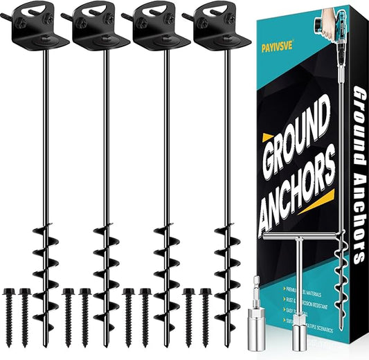 25" Ground Anchors Screw in, Mobile Home Anchors with Upgraded Wider Spiral Blades, Earth Anchors Swing Set Anchors High Wind Heavy Duty for Shed, Trampoline, Carports(Set of 4)