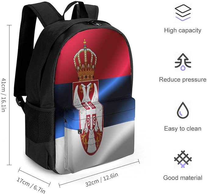 Men Women Polyester Flag Of Serbia Daypack Big Capacity Shoulder Bag With Smooth Zippers for Hiking Work Walking Cycling