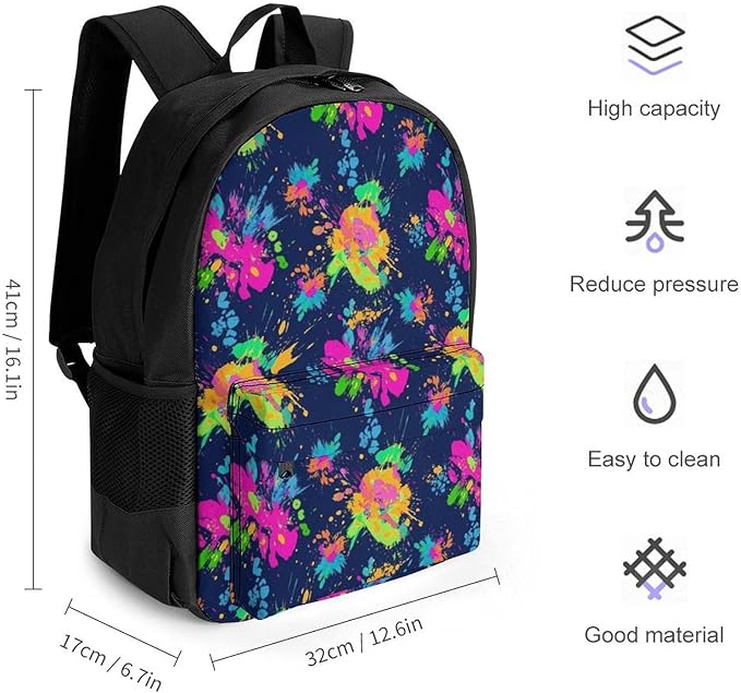 Men Women Polyester Paint Splatter Dark Colorful Daypack Big Capacity Shoulder Bag With Smooth Zippers for Hiking Work Walking Cycling