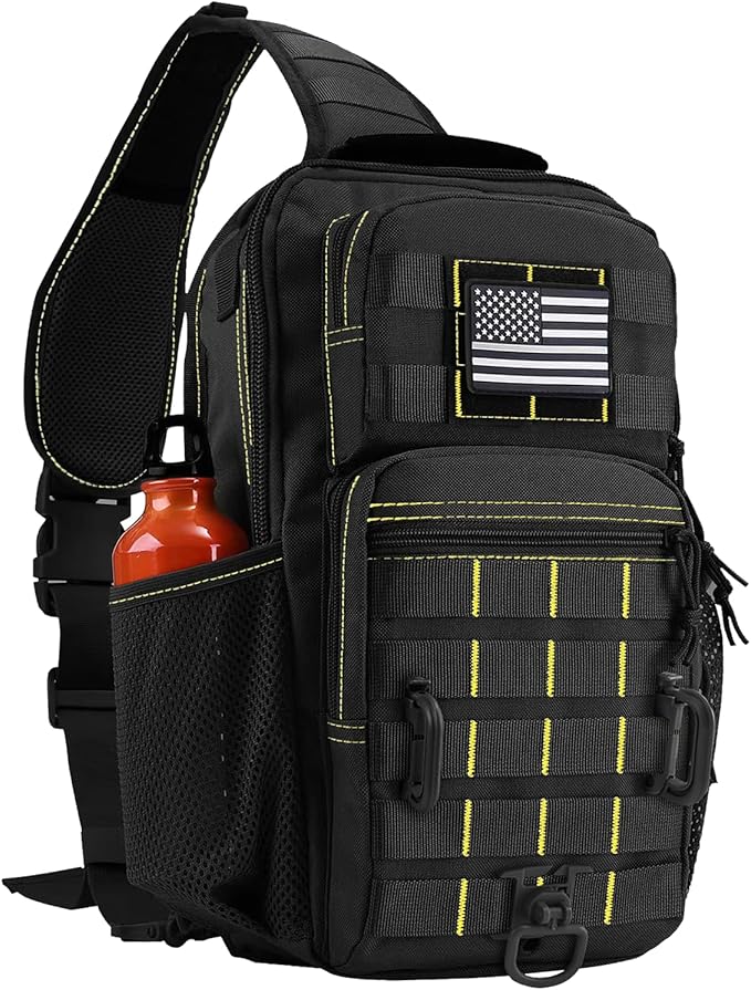 Rover Sling Pack Tactical Shoulder Sling Bag Backpack with Bottle Holder Crossbody Chest Bag, Black with Yellow