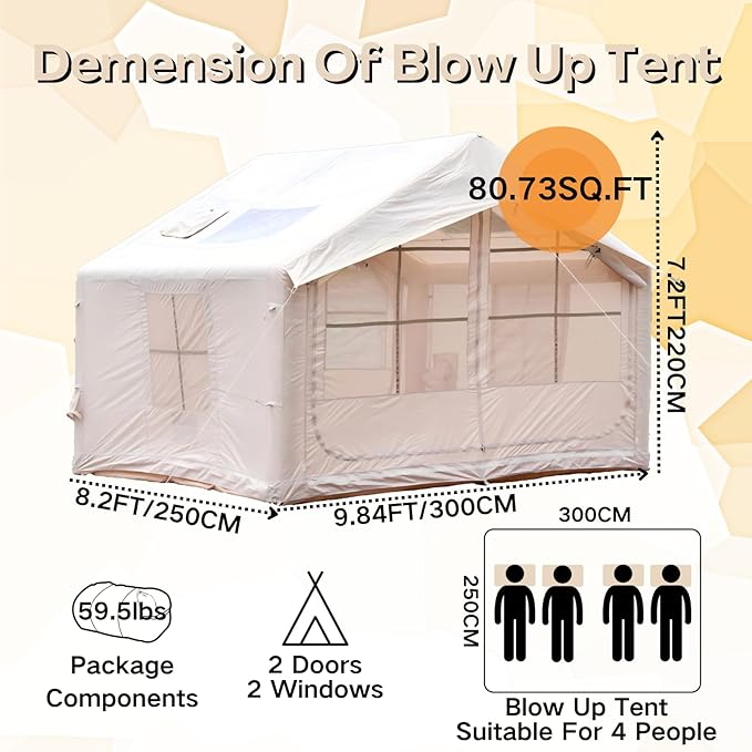 Inflatable Tent, Outdoor Easy Setup Inflatable Tents for Camping, Portable Blow Up Tent with Stove Jack, Cotton Canvas Material for Glamping, for 4 Season, 4/6/8/10 Person Use