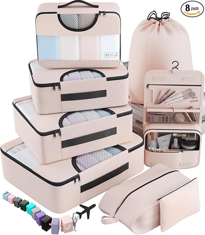 Veken 8 Set Packing Cubes, Travel Gifts for Women Mom, Carry on Suitcase Organizer Bags with Hanging Toiletry Bag and Large Laundry Bag, Travel Essentials Luggage Accessories for Cruise Ship