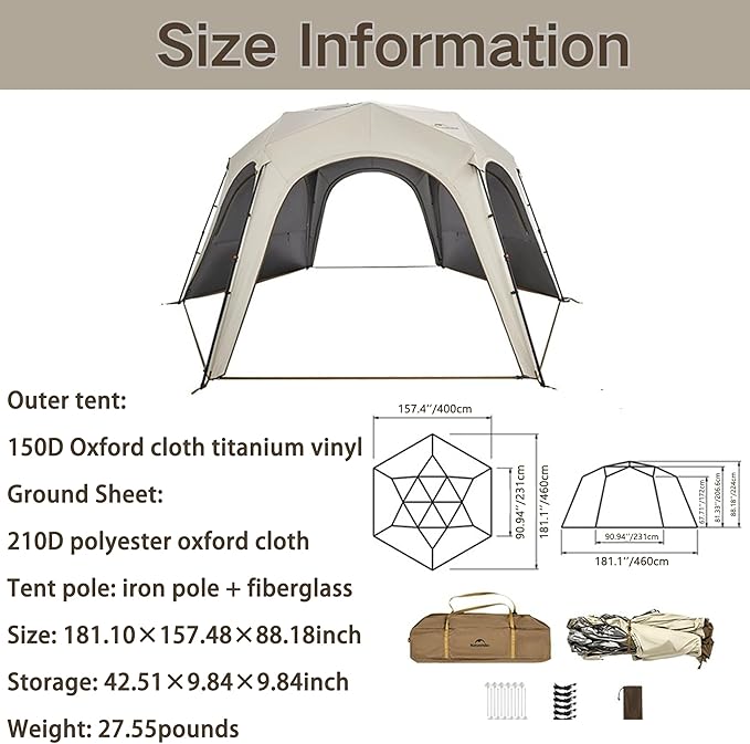Naturehike Quarter/Hexagonal Camping Tent Canopy Sun Shade,Outdoor for Camping,Fishing,Picnics, Available with Ground Cloth,Door Curtains (Tent Canopy, Hex)