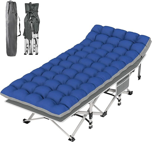 Suteck Camping Cot, Folding Camping Cot Bed for Adults Sleeping 1200D Double Layer Oxford Portable Folding Outdoor Cots for Camping W/Soft Pad Carry Bag for Home Office Nap Beach Travel, Stripe Blue