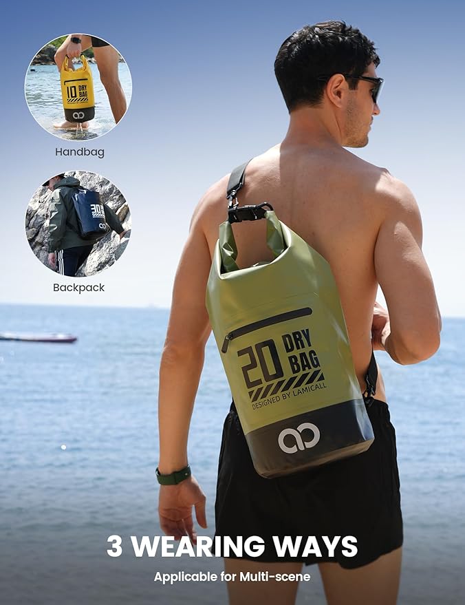 Lamicall Waterproof Dry Bag with Phone Pouch, Floating Roll Top Backpack, 10L, Green