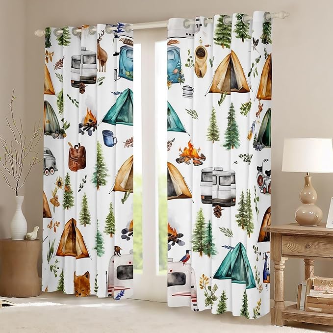Feelyou Camper Theme Curtains for Bedroom Living Room Happy Camping Blackout Darkening Drapes Travel Car Rv Window Treatments, 2 Panels 42 x 84 Inch Cute Camper Room Decor