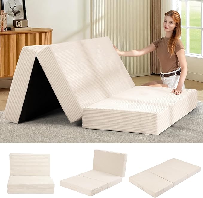 6-Inch Tri-Fold Mattress Full Size - Foldable Futon Sofa Bed with Removable Washable Cover, Folding Memory Foam Futon Mattress | Non-Slip Bottom & Carry Handles for Guest, Camping, Dorm