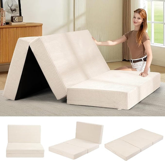 6-Inch Tri-Fold Mattress Full Size - Foldable Futon Sofa Bed with Removable Washable Cover, Folding Memory Foam Futon Mattress | Non-Slip Bottom & Carry Handles for Guest, Camping, Dorm