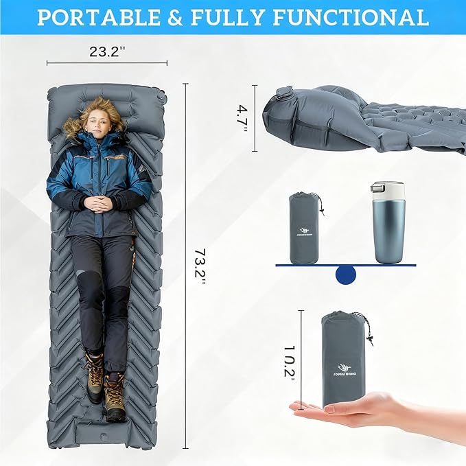 Camping Sleeping Pad, Inflatable Ultralight Camping Mat with Pillow, Built-in Foot Pump Air Mat for Traveling Tent Camping Hiking Backpacking (Gray)